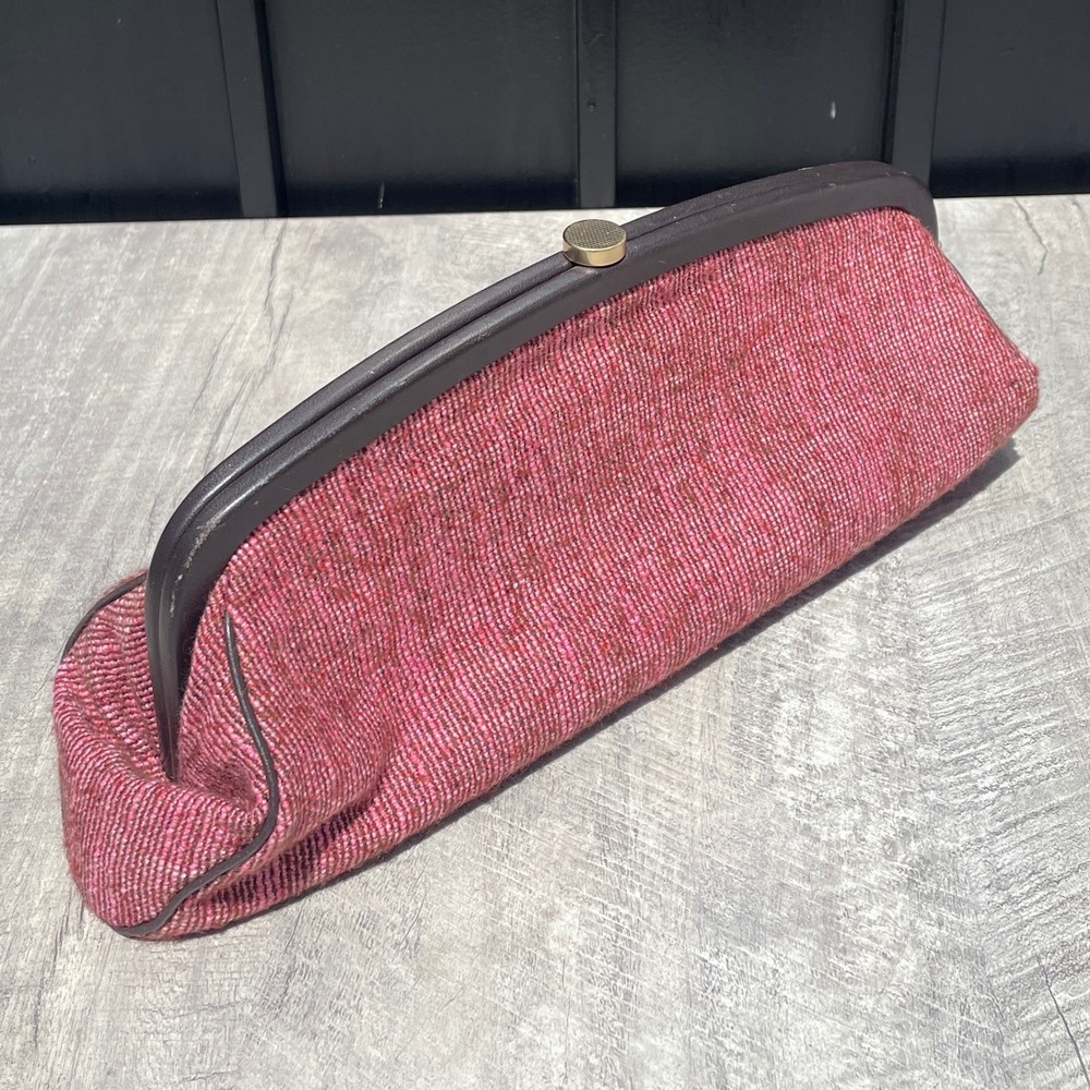 Ann Taylor Pink Tweed Frame Clutch Brown Leather Trim Gold Push Lock Closure